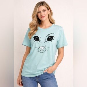 PTP 21 inches with stretch Cat Face Graphic T-Shirt - Light Blue